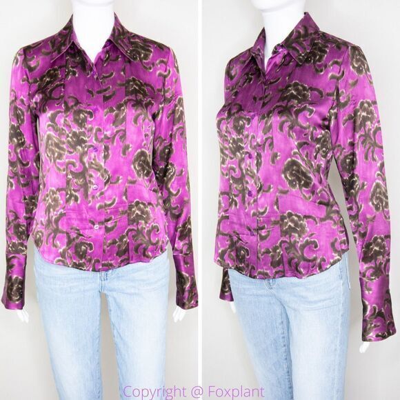 Linda Allard Ellen tracy silk floral print‎ purple shirt, size Petite 2 - Picture 1 of 16